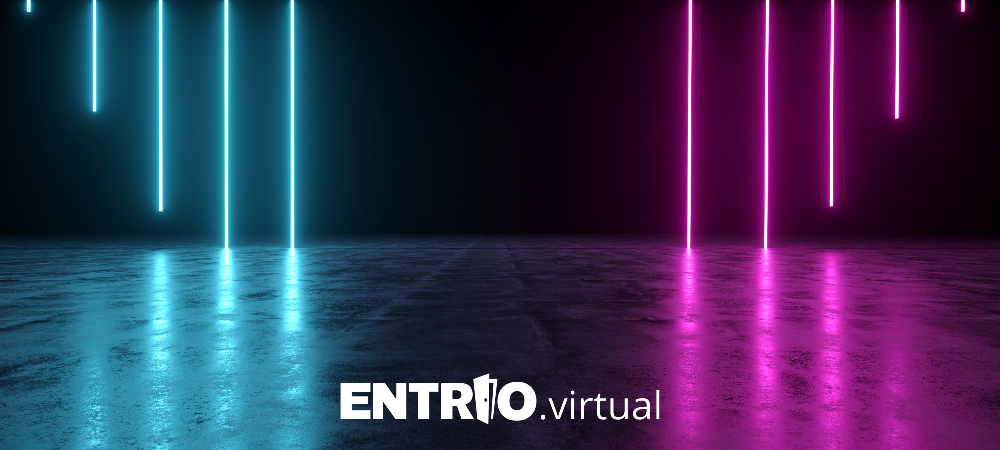Pozadina s neonskim magenta i plavim svjetlima (Entrio bojama) i Entrio,virtual logom. Entrio.virtual kao najbolja opcija za virtualni event. 
