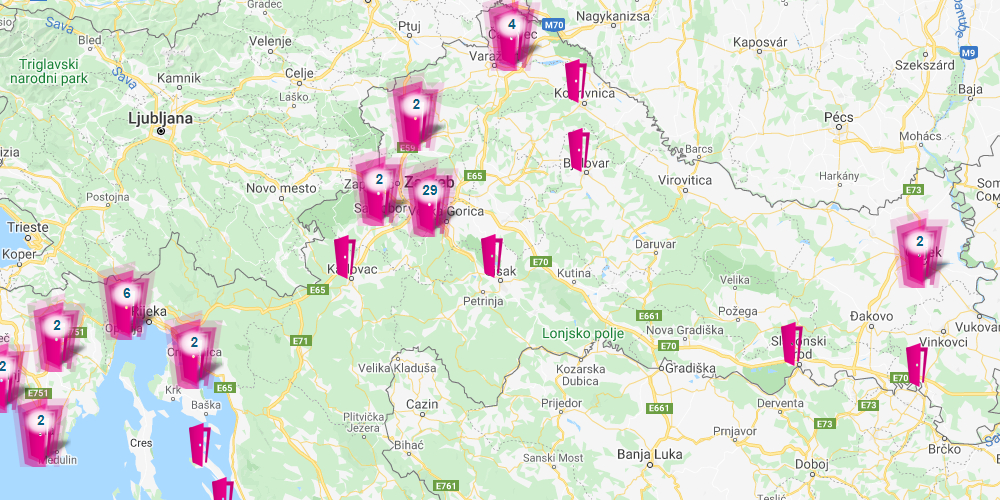 Mapa fizičkih Entrio prodajnih mjesta u Hrvatskoj na kojima se mogu kupiti ulaznice. 